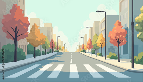 Colorful Urban Street Scene with Autumn Trees in Modern City