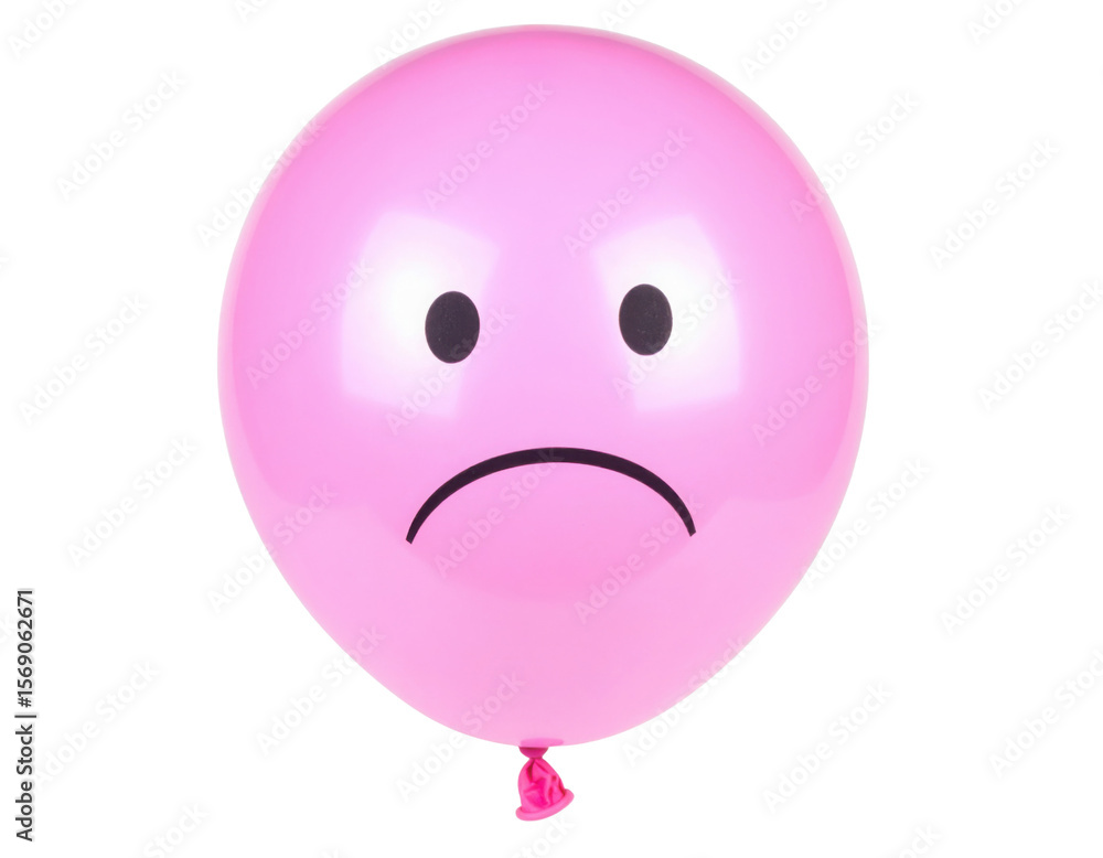 Fototapeta premium A pink balloon with a sad face drawn on it, featuring two black oval eyes and a downward curved mouth.