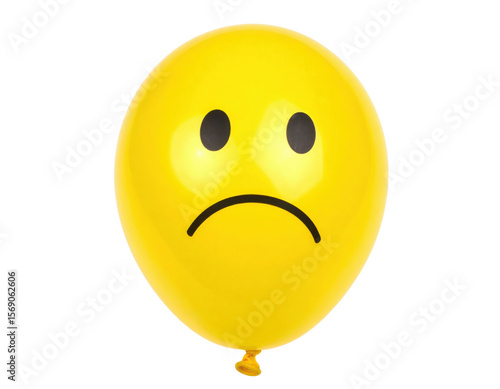 A yellow balloon features a sad face with two black oval eyes and a curved-down mouth, expressing unhappiness or disappointment.