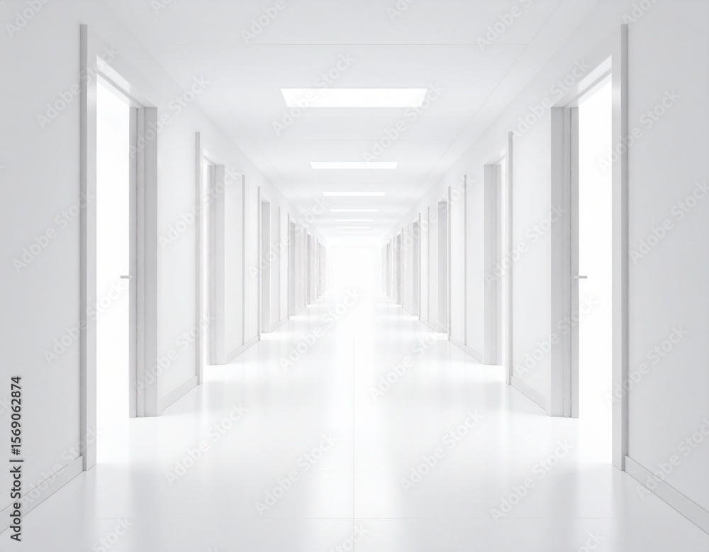 Obraz premium Infinite White Hallway with Symmetrical Doors – Surreal Concept Space