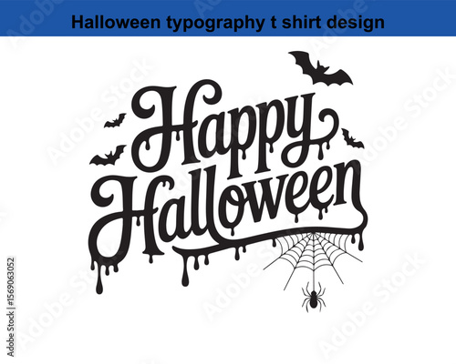 Happy Halloween Typography Design with Bats Spider and Web Elements
