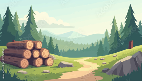 Cartoon Forest Landscape with Pile of Logs and Mountain Background