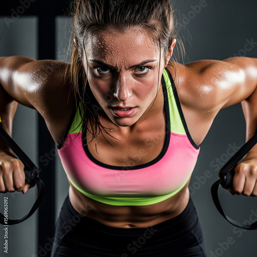 Close Up Portrait of a Sweaty Woman During an Intense TRX Workout