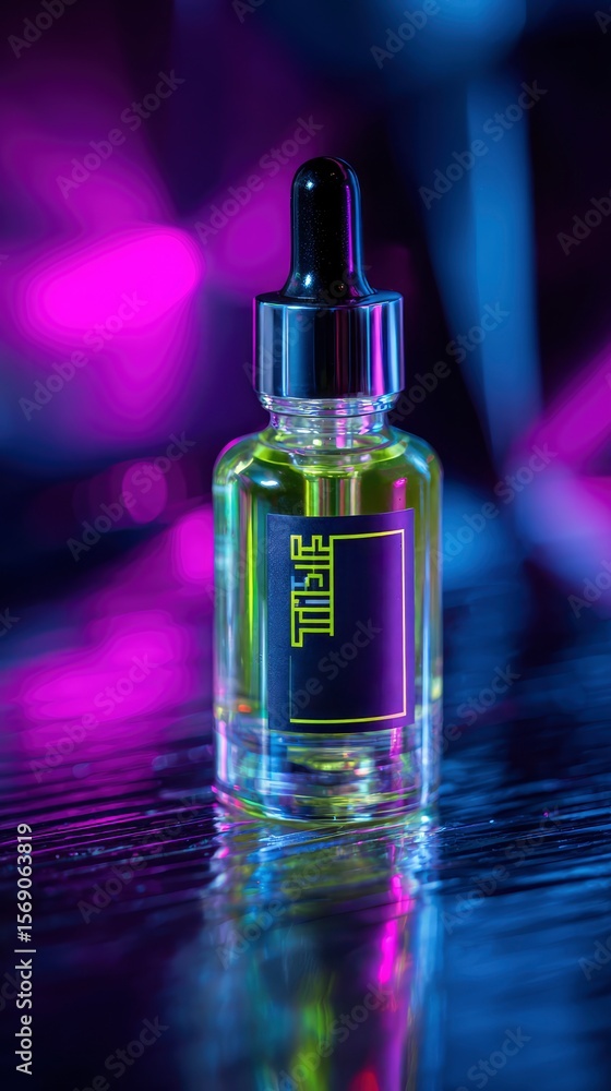 Tech beauty product in Cyber Lime environment, sleek serum bottle, high contrast neon reflections Tech beauty product in Cyber Lime environment, sleek serum bottle, high contrast neon reflections