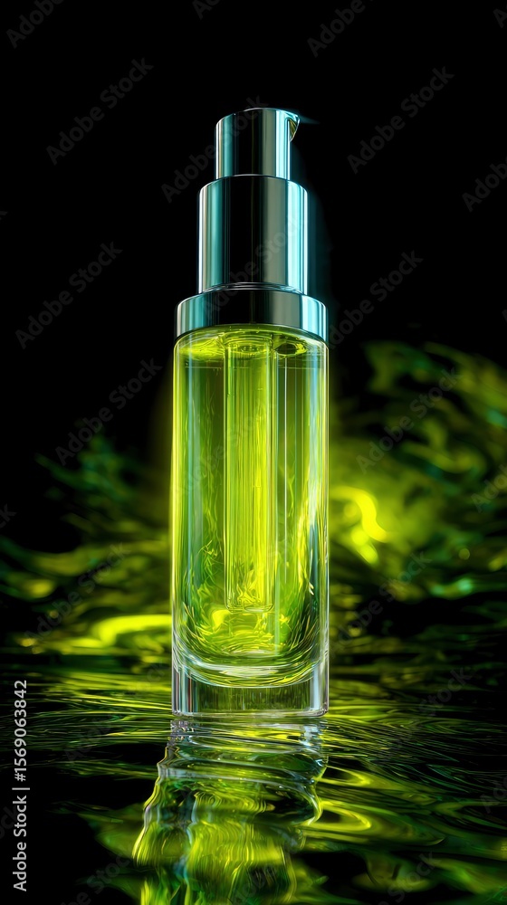 Fototapeta premium Tech beauty product in Cyber Lime environment, sleek serum bottle, high contrast neon reflections
