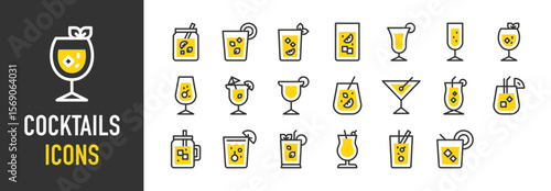 Such as Cocktails icons. Pisco Sour, Bloody Mary, Cocktail, Cuba Libre, Gin Tonic, Margarita, Martini, Piña Colada, Caipirinha, Champagne vector illustration.