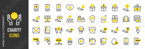 Such as Charity icons. Give Money, Megaphone, Piggy Bank, Needy, Helping, Medicine, Ngo, Cheque, Toys, World, Vegetables, Donate, Food, Scholarship, Freedom, Vest vector illustration.