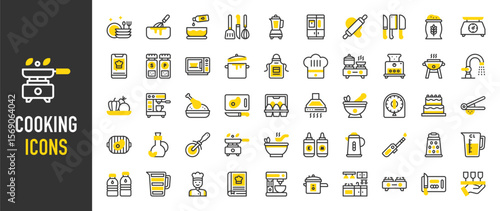 Such as Cooking icons. Kitchen, Water Tap, Rolling Pin, Clean Dishes, Olive Oil, Serving, Bowl, Cooking Tools, Cl, Electric Mixer, Extractor Hood, Kitchen, Stove vector illustration.