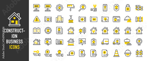 Such as Construction Business icons. Apartment, File, Lift, Tool, Danger, House, Hard Hat, House, Key, Construction, Locker, Brickwall, Truck, Billboard, Barrier vector illustration.