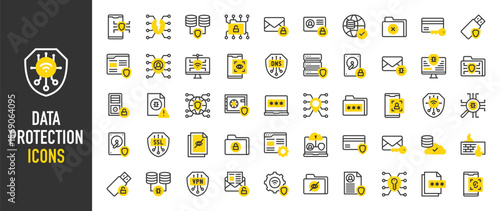 Such as Data Protection icons. such as Dns, Public, Ip Address, Secure Folder, Profile, Key, Encrypted Data, Network, Ssl, Settings, Cloud Server, Restricted, World Grid vector illustration.	
