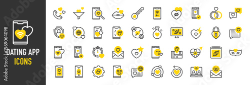 Such as Dating app icons. Kiss, Nearby, Engagement, Match, Search, Anonymous, Settings, Undo, Date, Swipe Right, Blind Date, Love Potion, Break Up, Account, Emoticon vector illustration.
