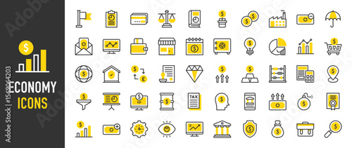 Such as Economy icons. Business Report, Money, Mission, Income, Safebox, Certificate, Credit Card, Calendar, Factory, Store, Growth, Globe Grid, Document, Outcome vector illustration.