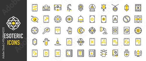 Such as Esoteric icons. Pyramid, Fortune Teller, Sagittarius, Esoteric, Zodiac, Aquarius, Crystal, Dreamcatcher, Eclipse, Gemini, Hamsa, Aquarius, Hand, Hypnotic vector illustration.