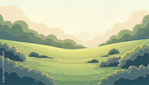 Serene Green Nature Landscape with Rolling Hills and Bushes in Soft Light