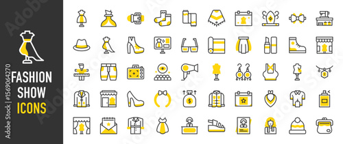 Such as Fashion show icons. Hat, Fundraiser, Trade Show, Workshop, Belt, Asymmetrical, Fitting Room, Live Streaming, Audience, Mannequin, Top, Shoes, Photography vector illustration.