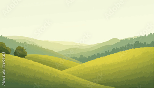 Serene Green Hills Landscape with Rolling Fields and Distant Trees in Soft Light
