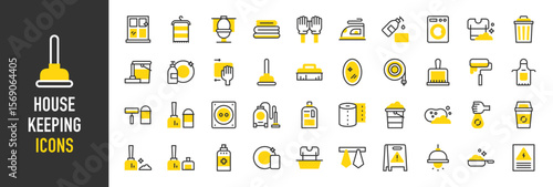 Such as Housekeeping icons. Wet Floor, Towels, Laundry, Mirror, Electric Panel, Ceiling Lamp, Windows, Washing Dishes, Liquid Soap, Broom, Vacuum Cleaner, Wiping vector illustration.