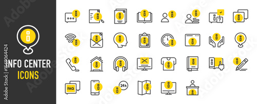 Such as Info center icons. Info, Tshirt, Book, User, Open Book, Information Point, Pencil, Email vector illustration.
