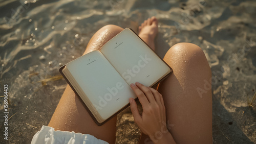 Close-up of a person holding an open book while sitting on the beach. Calm seaside atmosphere with soft golden light and gentle waves in the background.