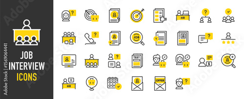 Such as job interview icons. Candidate, Target, Speech Bubble, Hr, Offer, Files, Resume, Woman, Recruitment, Job, Interview, Candidate, Boy, Test vector illustration.