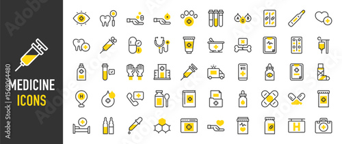 Such as Medicine icons. Medical Kit, Eye, Hospital Bed, Dropper, Perfusion, Pill, Blood Tube, Ambulance, Medical App, Eye Drop, Bone, Stethoscope, Emergency Call vector illustration.