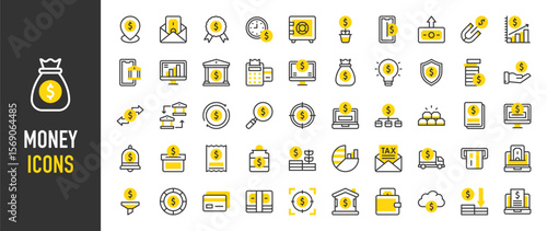 Such as Money icons. Transaction, Fundraising, Shield, Online Money, Credit Card, Safe Box, Management, Donate, Money Bag, Wallet, House , Growth, Money Loss vector illustration.