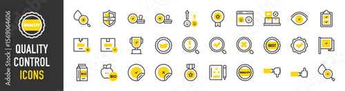 Such as Quality control icons. Shield, Medal, Exclamation Mark, Checked, Rating, Badge, Box, Water Drop, Search, Bio, Checked, Eye, Quality, Search, Apple vector illustration.