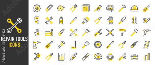 Such as Repair tools icons. Repair, Paint Brush, Screws, Ladder, Wire Cutter, Screwdrivers, Drill, Level, Wheel Saw, Car Jack, Screwdriver, Toolbox, Nails, Handsaw vector illustration.