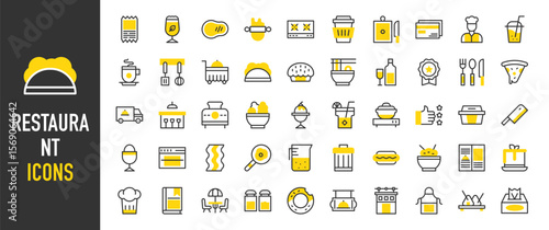Such as Restaurant icons. Cutlery, Recommended, Food Container, Dustbin, Chef, Credit Card, Menu, Cake, Chef Hat, Terrace, Salt And Pepper, Donut, Apron, Sushi vector illustration.