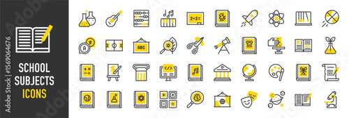 Such as School Subjects icons. Performing, Politics, Keyboard, Biology, Psychology, Coding, Astronomy, Mathematics, History, Canvas, Geography vector illustration.