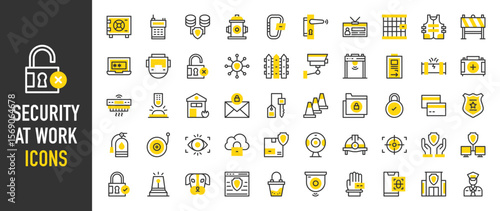 Such as Security at work icons. Security, Target, Gas Leak, Padlock, Emergency Button, Cloud Storage, Metal Detector, Credit Card, Door Lock, Helmet, Safe Box vector illustration.