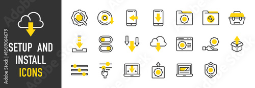 Such as Setup and Install icons. Settings, Install, Toolbox, Phone, Installing, Download, Repair, Settings, Cog, Cd, Phone, Setup vector illustration.