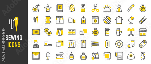 Such as Sewing icons. Appointment, Shop, Washing Machine, Stitches, Pocket, Threads, Button, Water Spray, Book, Fabric Pattern, Thread Cut, Metre, Tag, Sock, Pants vector illustration.
