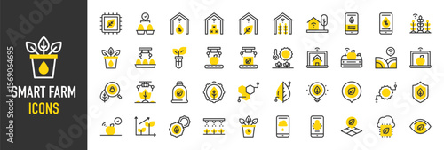 Such as Smart Farm icons. Plant, Settings, Chip, Land, Checked, Picker, Search, Settings, Location Pin, Shield, Wheat, Water, Plant, Location, Cloud, Apple, Honey vector illustration.