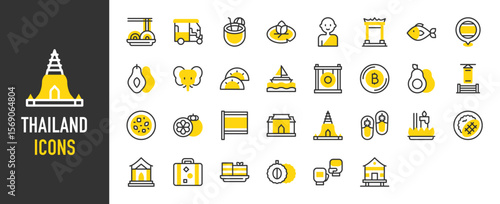 Such as Thailand icons. Doi Suthep, Temple, Tuk Tuk, Buddhist, Suitcase, Fish, Avocado, Durian, Elephant, Giant Swing, Gong, Green Curry, House, Khanom Chan vector illustration.	
