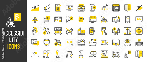 Such as Accessibility icons. Impairment, Ramp, Color Blindness Test, Hearing, Service Dog, Wheelchair, Eyeglasses, Hearing Aid, Stair , Medical App, Prothesis vector illustration.