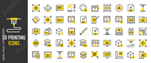 Such as 3d Printing icons. Stl, Resize, Measurement, Development, Filament, Abs, Failed, Obj, Prototype, Pla, Save, Select, Monitor, Setting, Blueprint, 3d, Browser vector illustration.