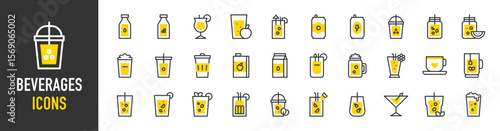 Such as Beverages icons. Energy Drink, Bottle Of Water, Cup, Boba Tea, Green, Blueberry, Cappuccino, Cuba Libre, Bloody Mary, Lemonade, Strawberry, Martini, Ice Tea vector illustration.