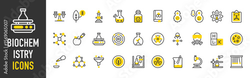 Such as Biochemistry icons. Filter, Molecular Structure, Molecule, Settings, Microscope, Orbital, Shaker, Distilling, Flask, Gas Mask, Beaker, Chemical Reaction vector illustration.