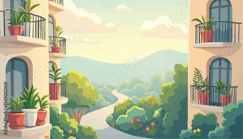Colorful Illustration of Balcony Gardens with Green Plants and Scenic Mountain View