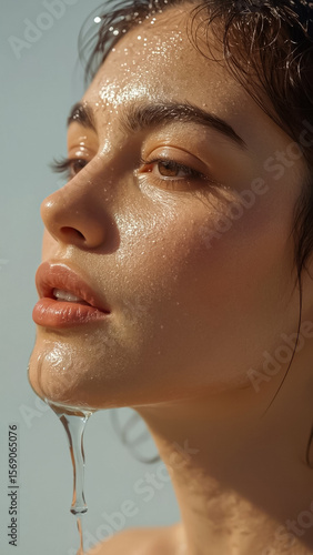 Extreme close-up of a fresh, dewy face with water dripping from the chin. Natural glowing skin under soft sunlight, capturing hydration, summer heat, and skincare freshness.