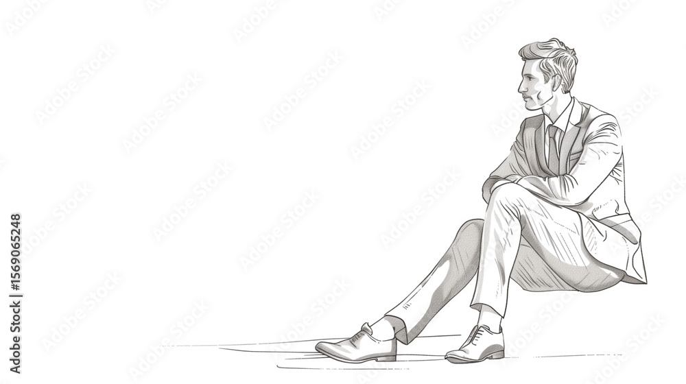 Fototapeta premium A man in black and white, looking like a pencil drawing, sitting alone in a quiet area with a sad expression.