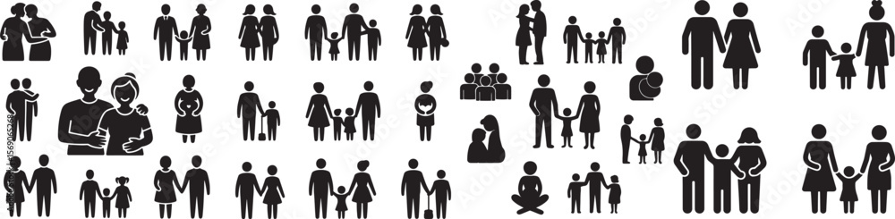 Fototapeta premium Diverse Family Silhouettes Vector Icon Set