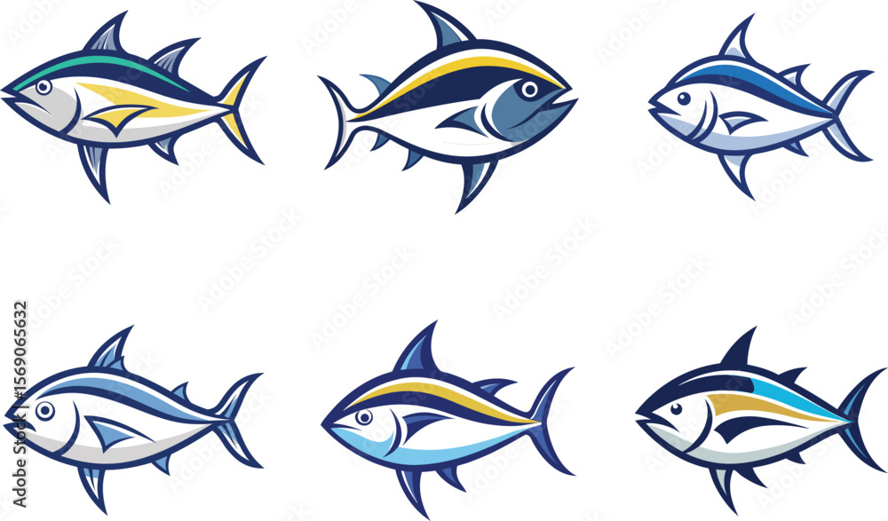 Six stylized tuna fish designs perfect for branding seafood restaurants logos marine projects or aquatic themed designs offering versatile scalable graphics Six stylized tuna fish designs perfect for branding seafood restaurants logos marine projects or aquatic themed designs offering versatile scalable graphics