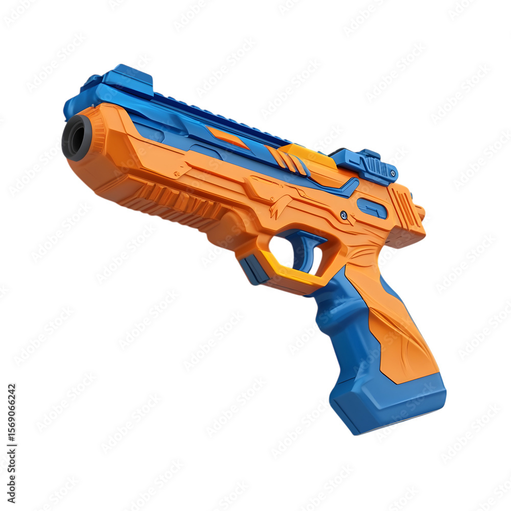 Naklejka premium Futuristic orange and blue toy gun isolated on transparent background