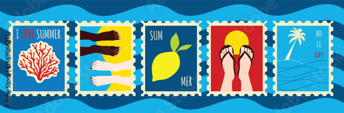 summer holiday postage stamp collection, color vector stamps with summer holiday graphic elements