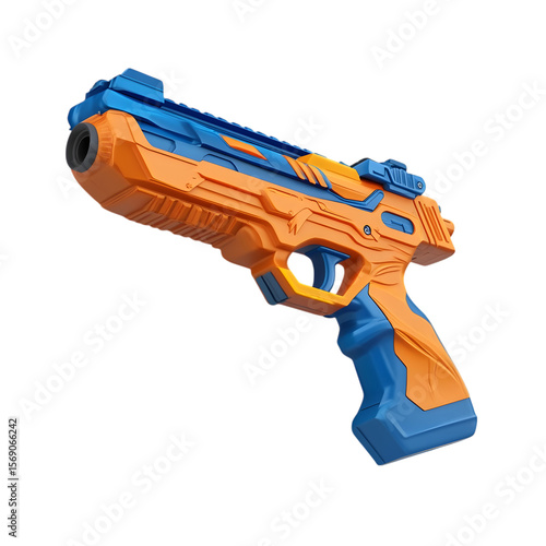Futuristic orange and blue toy gun isolated on transparent background
