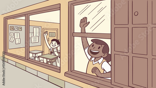 Illustration of two students waving from school windows, one in classroom and one by a closed window pane