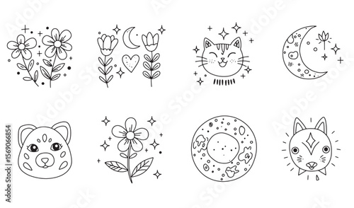 Adorable hand drawn doodle collection of animals flowers moon and star elements in black and white