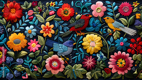 Wallpaper Mural Vibrant floral and bird tapestry with intricate embroidery against dark background Torontodigital.ca